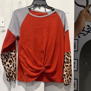 Women's Burnt Orange and Gray Knotted Top with Leopard Sleeves